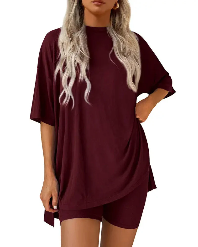 Casual 2-Piece Loungewear Set Oversized Split Hem Top & Fitted Shorts - Image 10