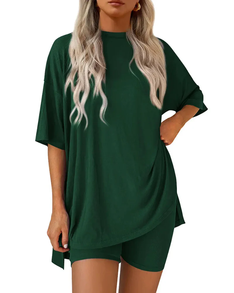 Casual 2-Piece Loungewear Set Oversized Split Hem Top & Fitted Shorts - Image 13