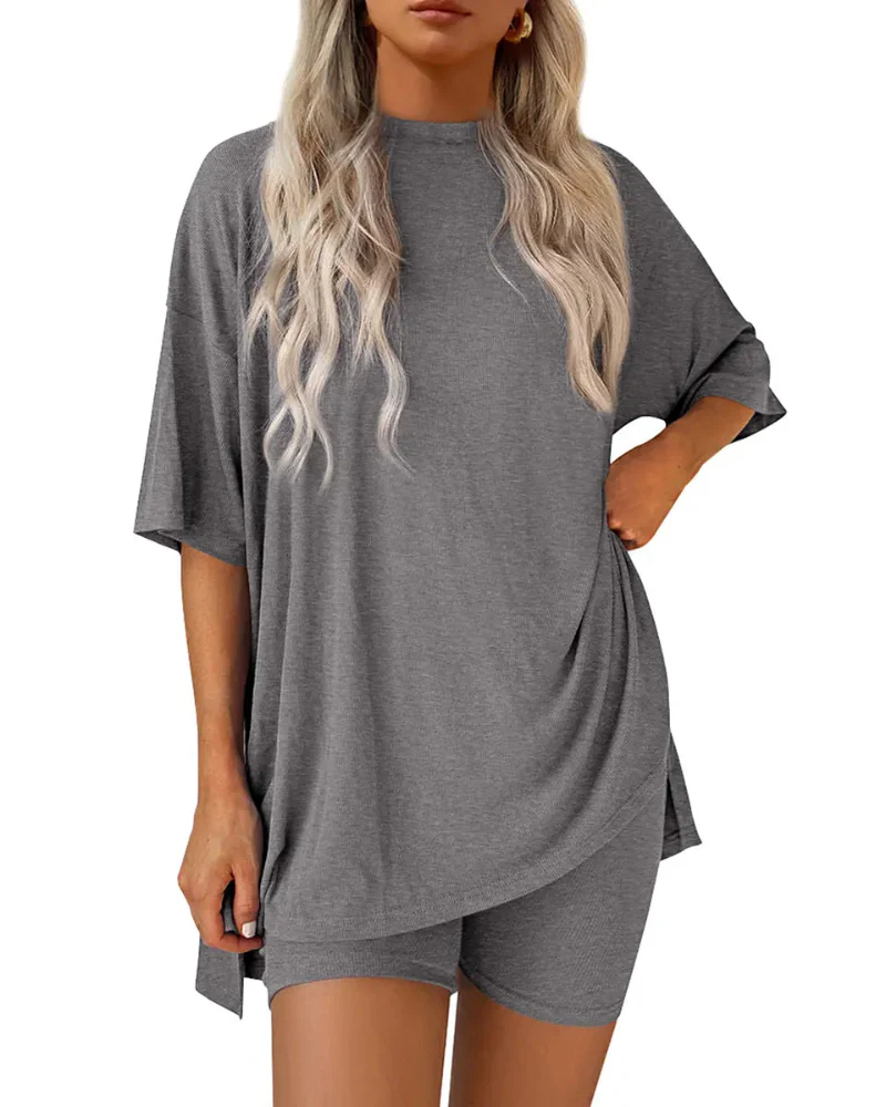 Casual 2-Piece Loungewear Set Oversized Split Hem Top & Fitted Shorts - Image 14