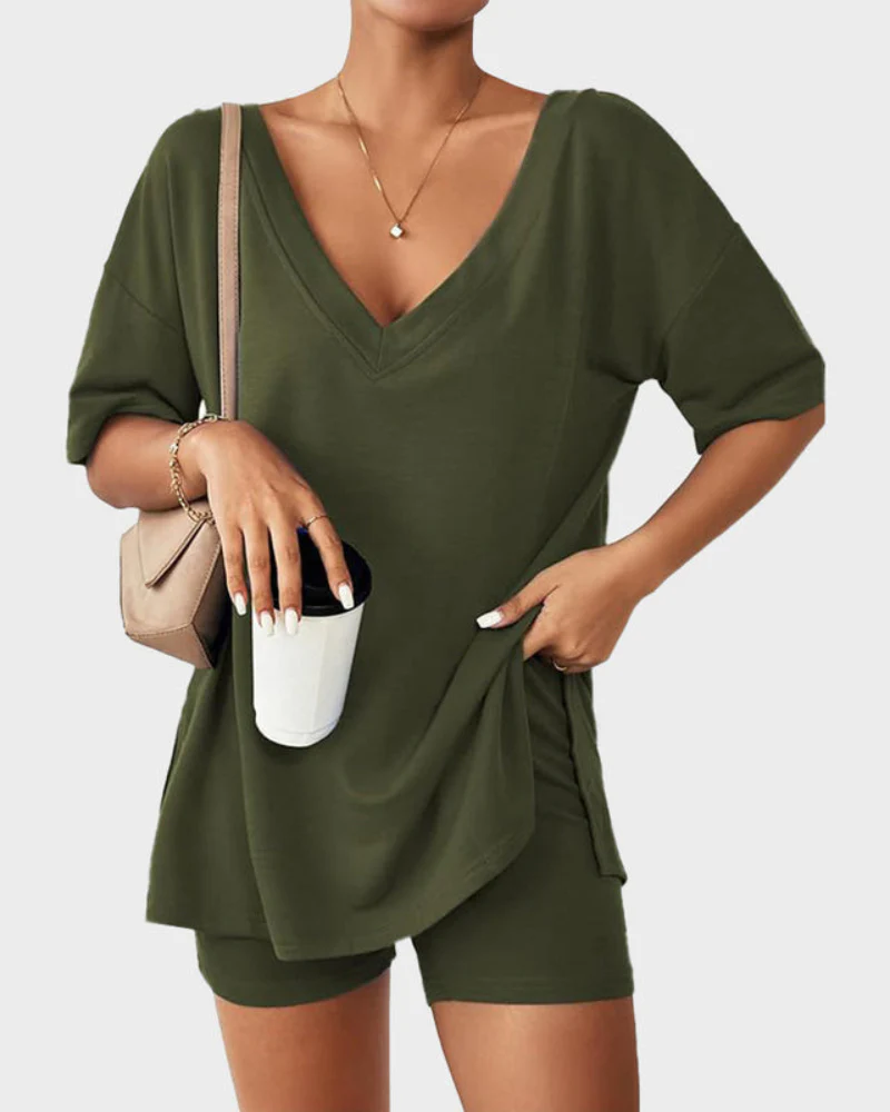 Casual 2-Piece Loungewear Set Oversized Split Hem Top & Fitted Shorts - Image 20