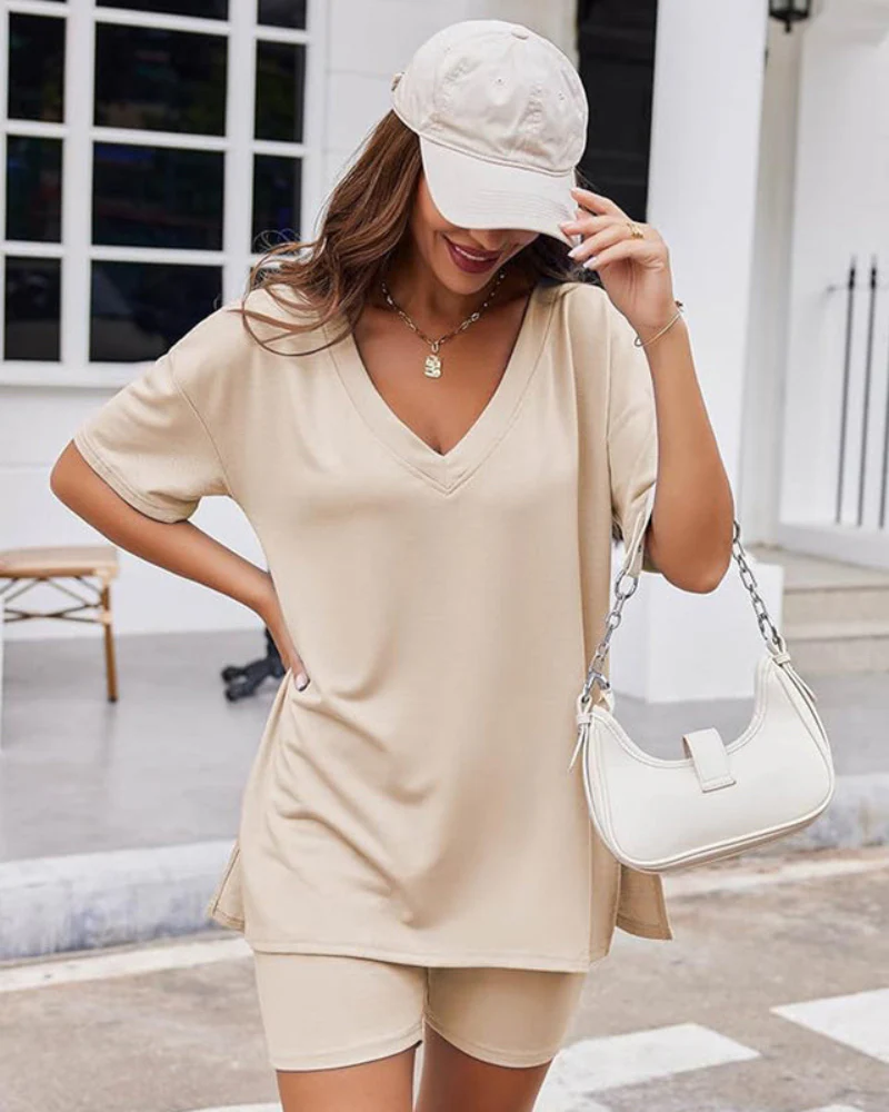 Casual 2-Piece Loungewear Set Oversized Split Hem Top & Fitted Shorts - Image 22