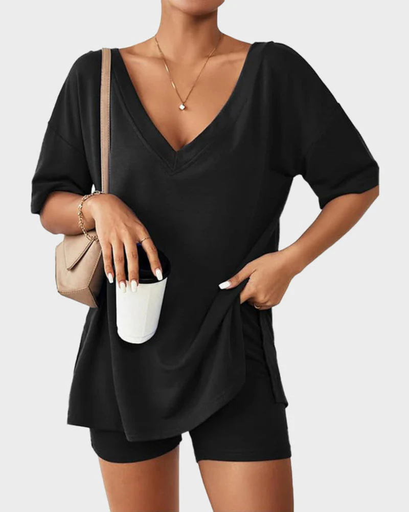 Casual 2-Piece Loungewear Set Oversized Split Hem Top & Fitted Shorts - Image 25
