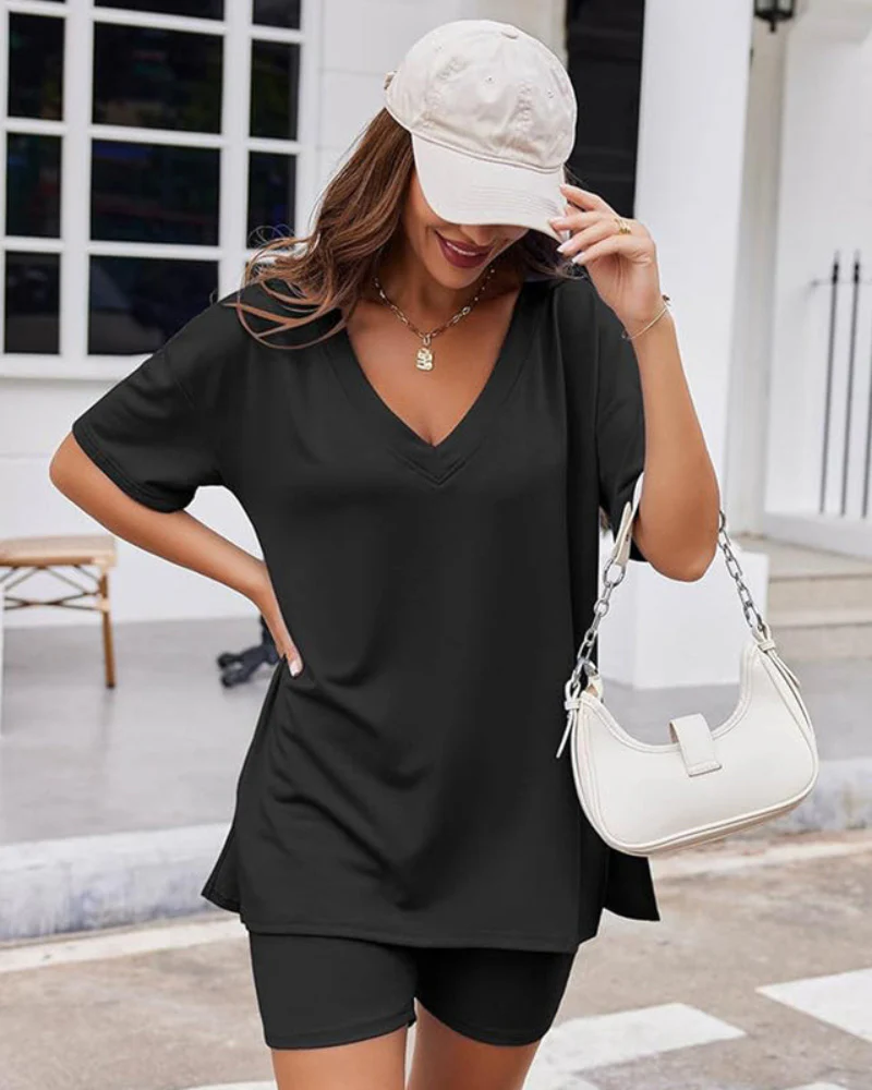 Casual 2-Piece Loungewear Set Oversized Split Hem Top & Fitted Shorts - Image 26