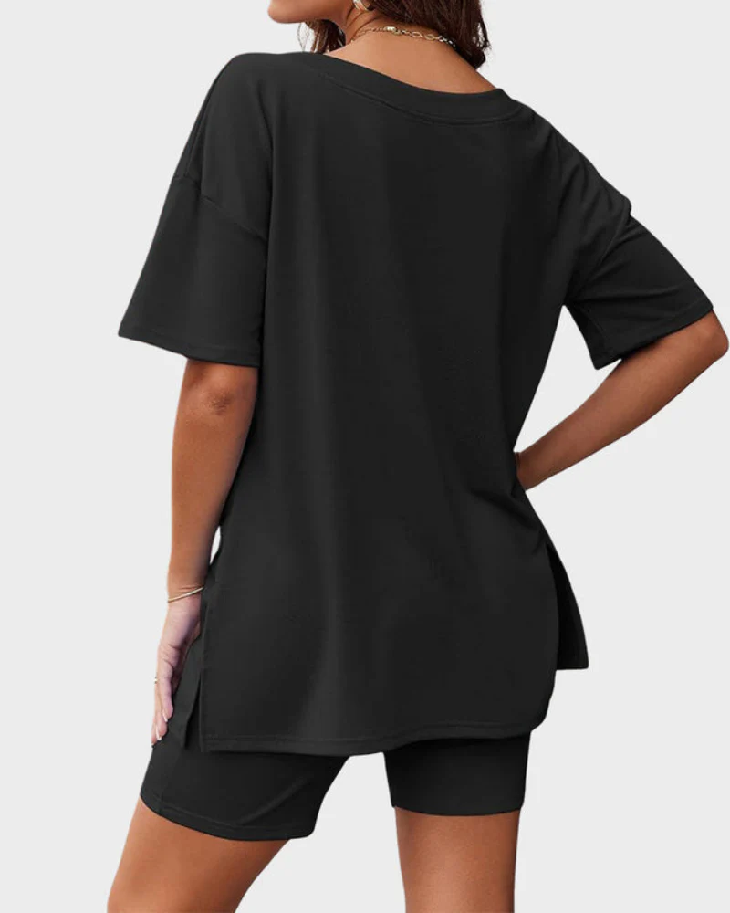Casual 2-Piece Loungewear Set Oversized Split Hem Top & Fitted Shorts - Image 28