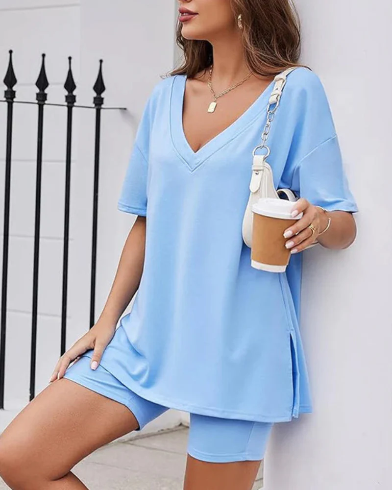Casual 2-Piece Loungewear Set Oversized Split Hem Top & Fitted Shorts - Image 30