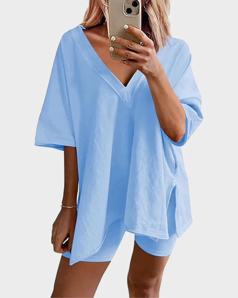 Casual 2-Piece Loungewear Set Oversized Split Hem Top & Fitted Shorts - Image 31