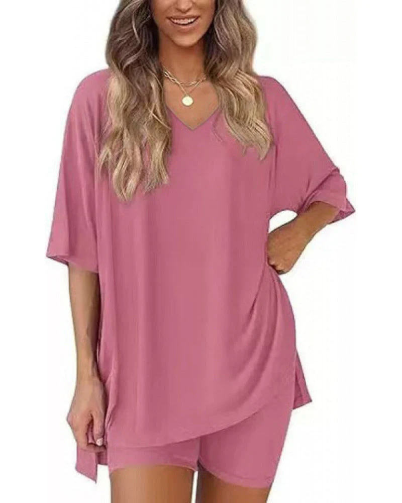 Casual 2-Piece Loungewear Set Oversized Split Hem Top & Fitted Shorts - Image 32