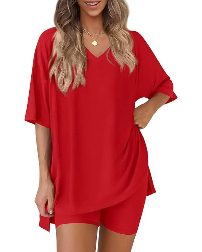 Casual 2-Piece Loungewear Set Oversized Split Hem Top & Fitted Shorts - Image 34
