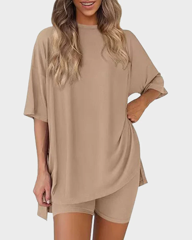 Casual 2-Piece Loungewear Set Oversized Split Hem Top & Fitted Shorts - Image 5