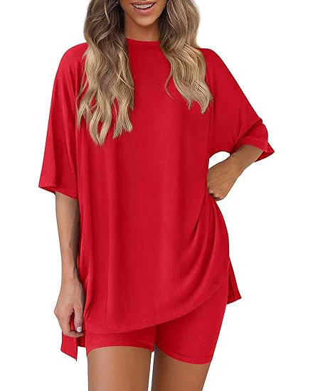 Casual 2-Piece Loungewear Set Oversized Split Hem Top & Fitted Shorts - Image 8