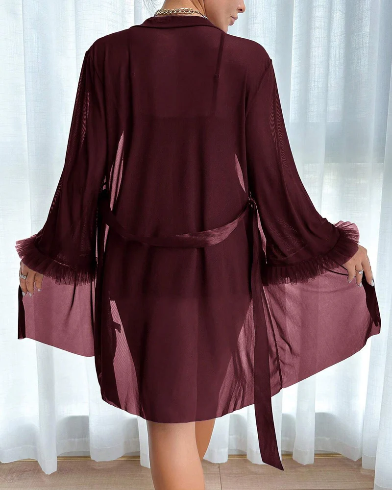 Lace Cami Nightgown & Floral Lace Trim Wide Sleeve Sheer Robe - Image 3
