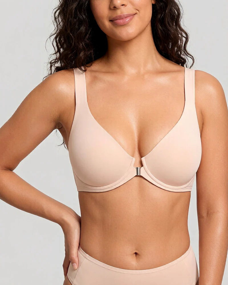 Front Closure Underwire Unlined Back Support Plunge Bra - Image 4