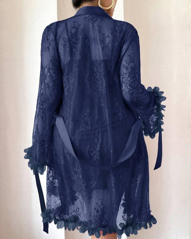 Plus size Lace Cami Nightgown & Floral Lace Trim Wide Sleeve Sheer Robe - Image 10