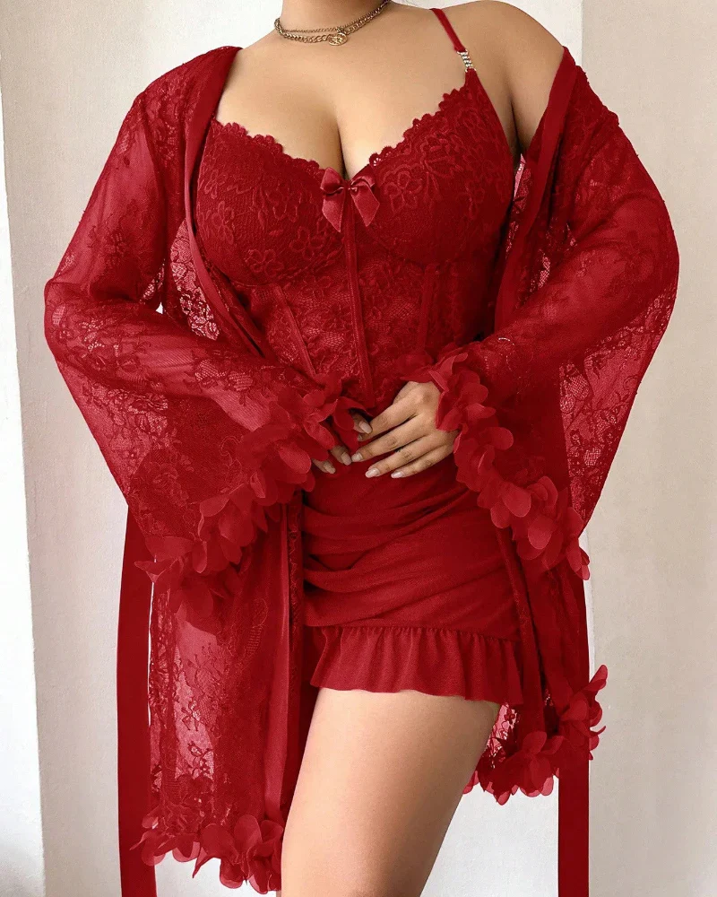 Plus size Lace Cami Nightgown & Floral Lace Trim Wide Sleeve Sheer Robe - Image 11