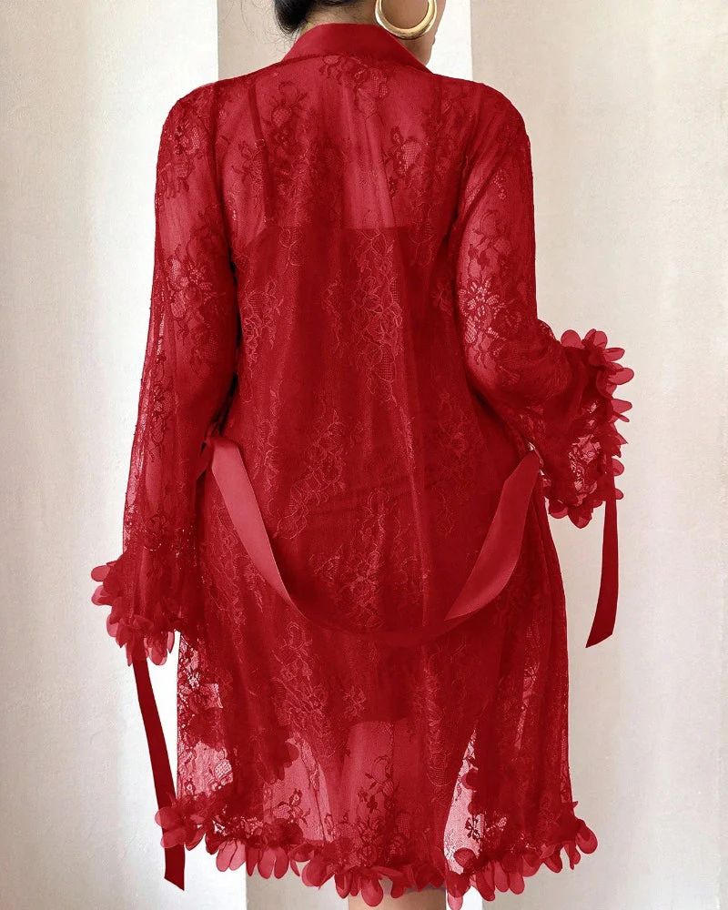 Plus size Lace Cami Nightgown & Floral Lace Trim Wide Sleeve Sheer Robe - Image 14
