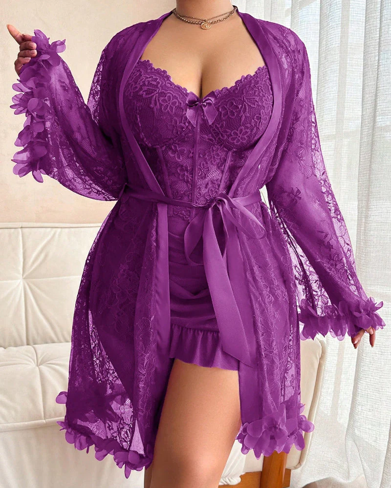Plus size Lace Cami Nightgown & Floral Lace Trim Wide Sleeve Sheer Robe - Image 15