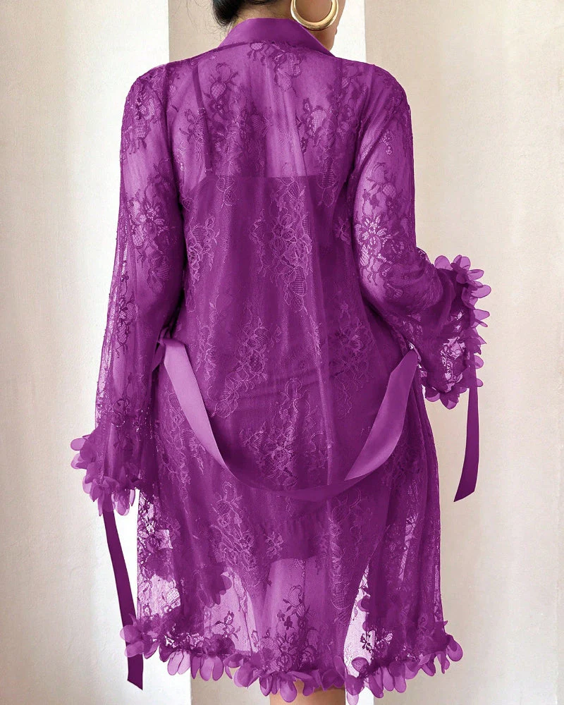 Plus size Lace Cami Nightgown & Floral Lace Trim Wide Sleeve Sheer Robe - Image 19