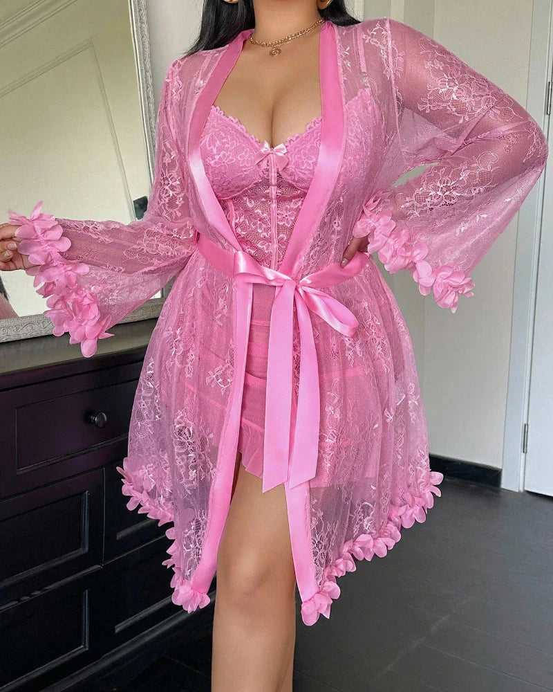 Plus size Lace Cami Nightgown & Floral Lace Trim Wide Sleeve Sheer Robe - Image 20
