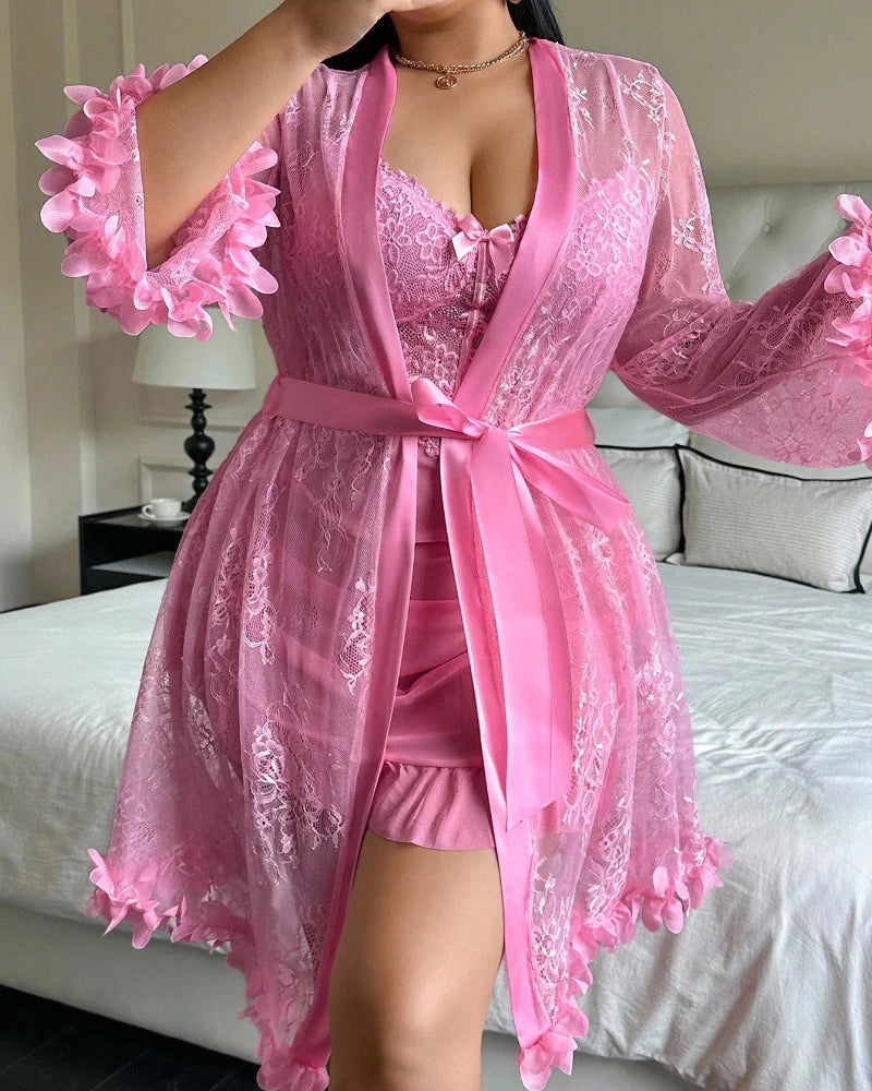 Plus size Lace Cami Nightgown & Floral Lace Trim Wide Sleeve Sheer Robe - Image 22