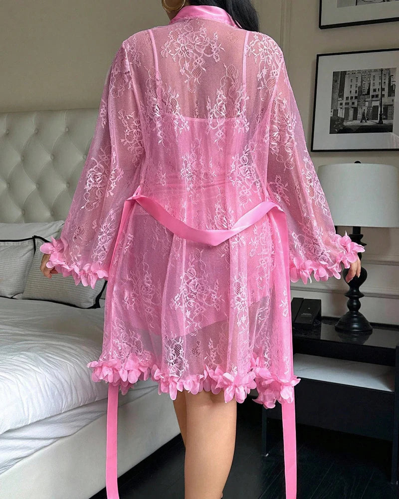 Plus size Lace Cami Nightgown & Floral Lace Trim Wide Sleeve Sheer Robe - Image 24