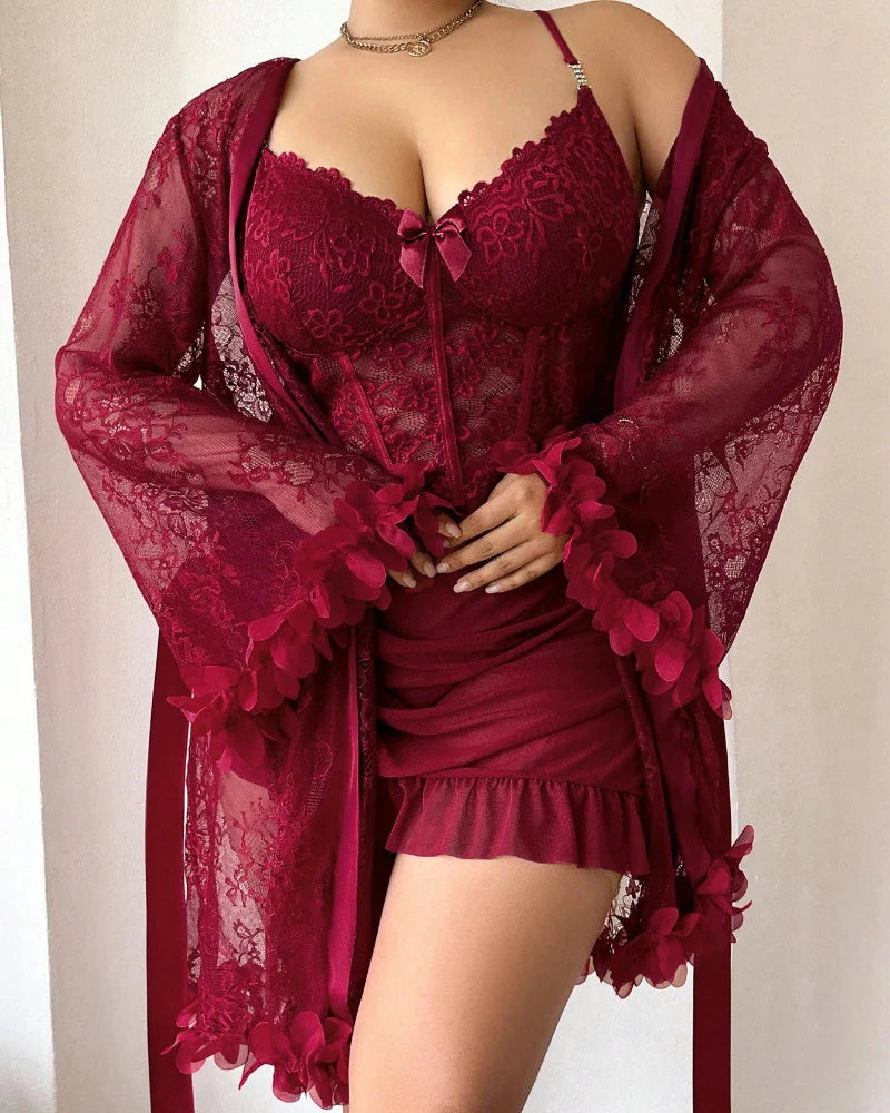 Plus size Lace Cami Nightgown & Floral Lace Trim Wide Sleeve Sheer Robe - Image 25