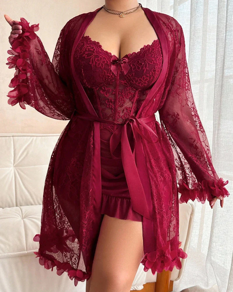 Plus size Lace Cami Nightgown & Floral Lace Trim Wide Sleeve Sheer Robe - Image 26