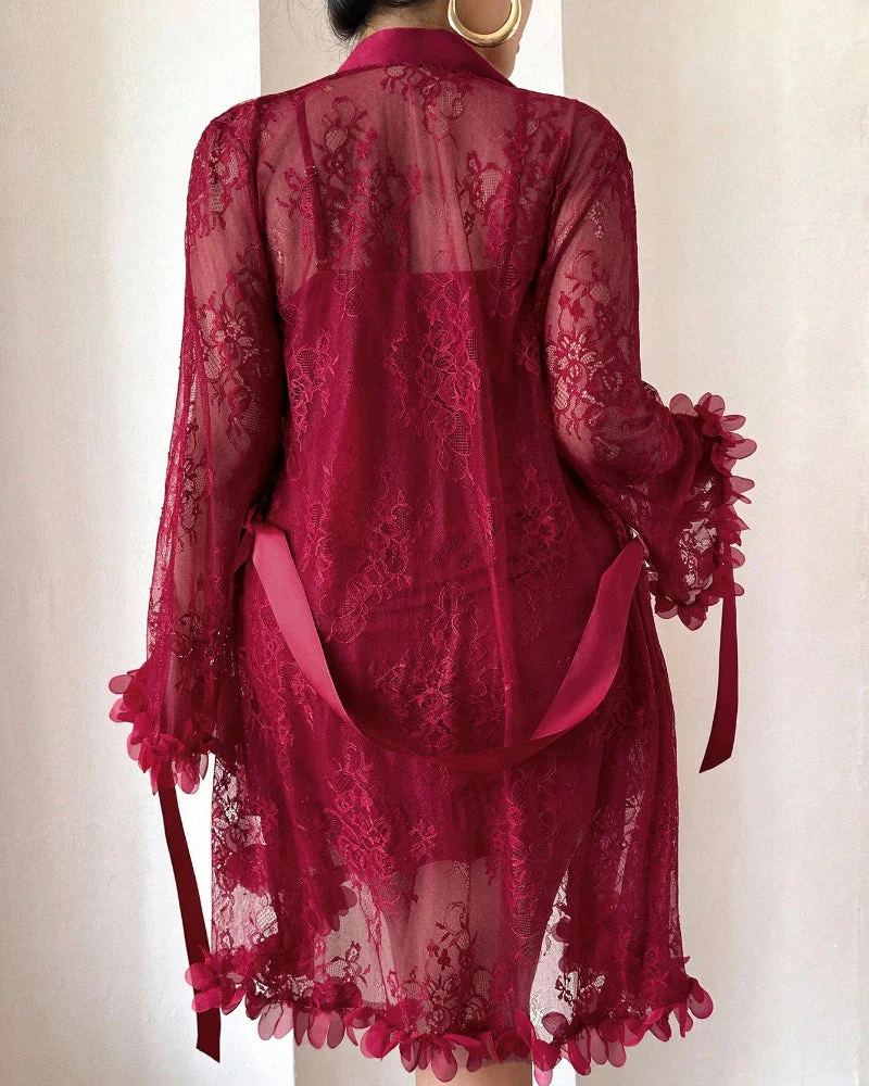 Plus size Lace Cami Nightgown & Floral Lace Trim Wide Sleeve Sheer Robe - Image 28