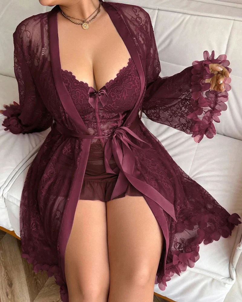 Plus size Lace Cami Nightgown & Floral Lace Trim Wide Sleeve Sheer Robe - Image 3