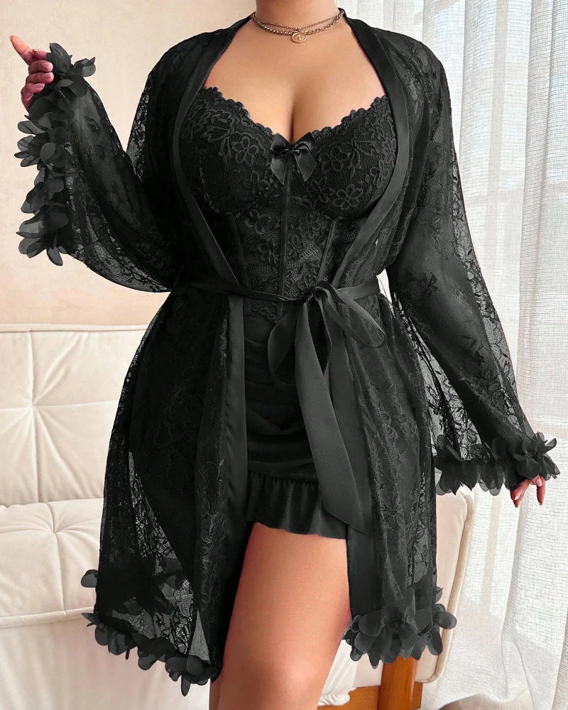Plus size Lace Cami Nightgown & Floral Lace Trim Wide Sleeve Sheer Robe - Image 30