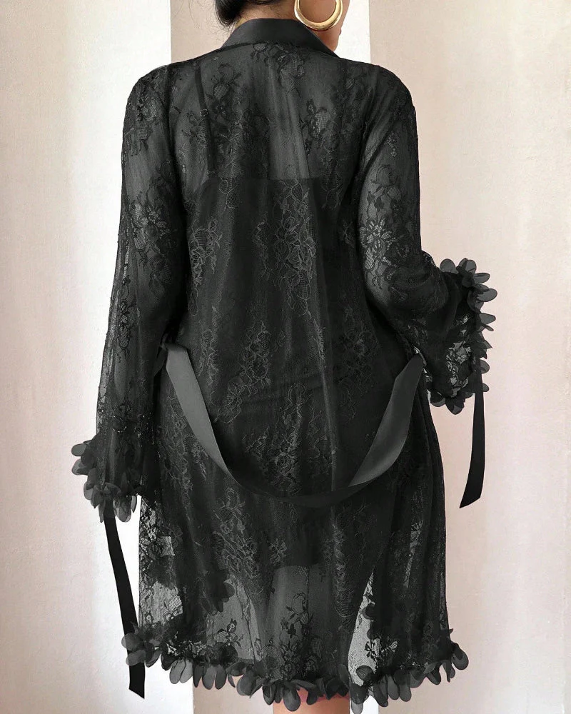 Plus size Lace Cami Nightgown & Floral Lace Trim Wide Sleeve Sheer Robe - Image 34