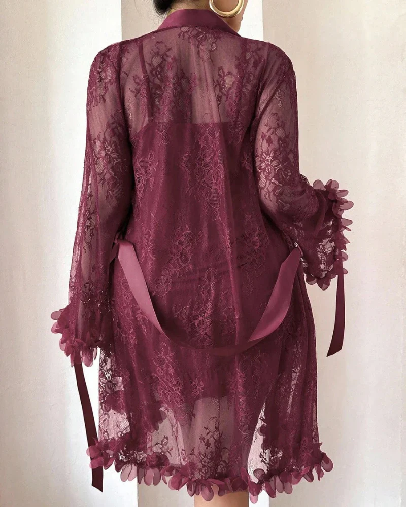 Plus size Lace Cami Nightgown & Floral Lace Trim Wide Sleeve Sheer Robe - Image 4