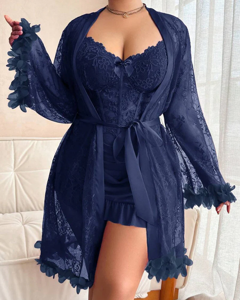 Plus size Lace Cami Nightgown & Floral Lace Trim Wide Sleeve Sheer Robe - Image 6