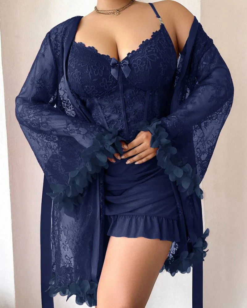 Plus size Lace Cami Nightgown & Floral Lace Trim Wide Sleeve Sheer Robe - Image 7