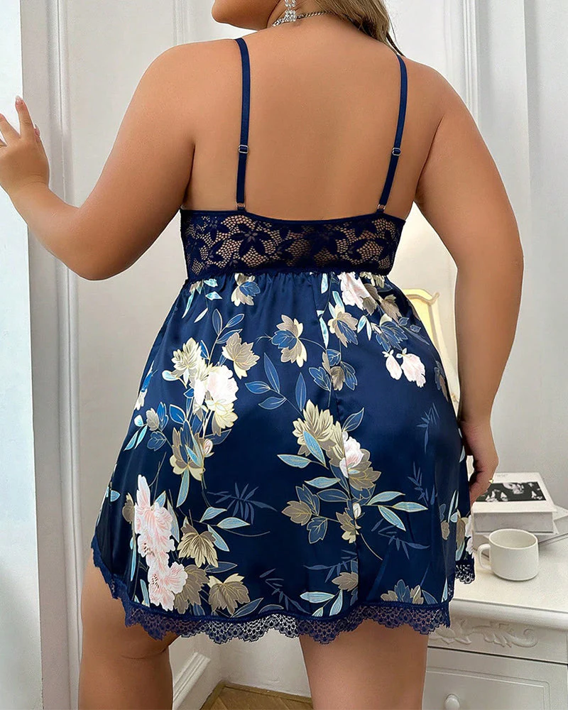 Plus Size Lace Embroidered Floral Sheer Nightdress Set with Thong - Image 5