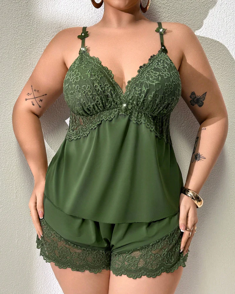 Plus Size Lace Satin Cami Pajama Set – Sexy Two-Piece Sleepwear for Women - Image 23