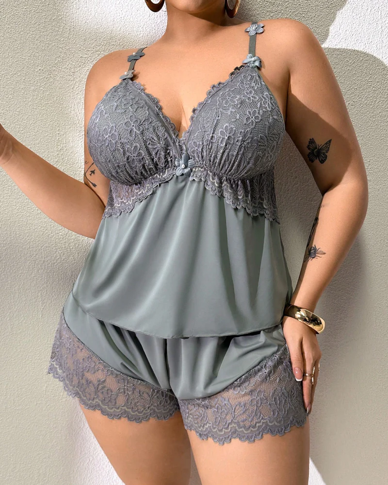 Plus Size Lace Satin Cami Pajama Set – Sexy Two-Piece Sleepwear for Women - Image 29