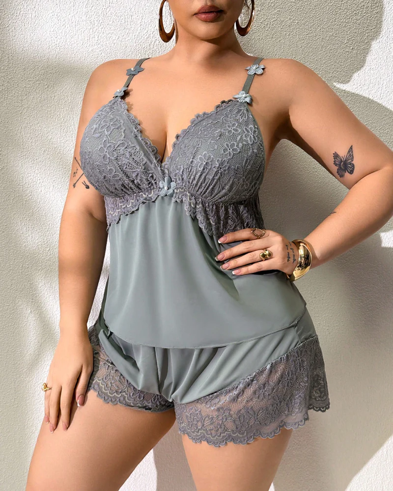 Plus Size Lace Satin Cami Pajama Set – Sexy Two-Piece Sleepwear for Women - Image 30