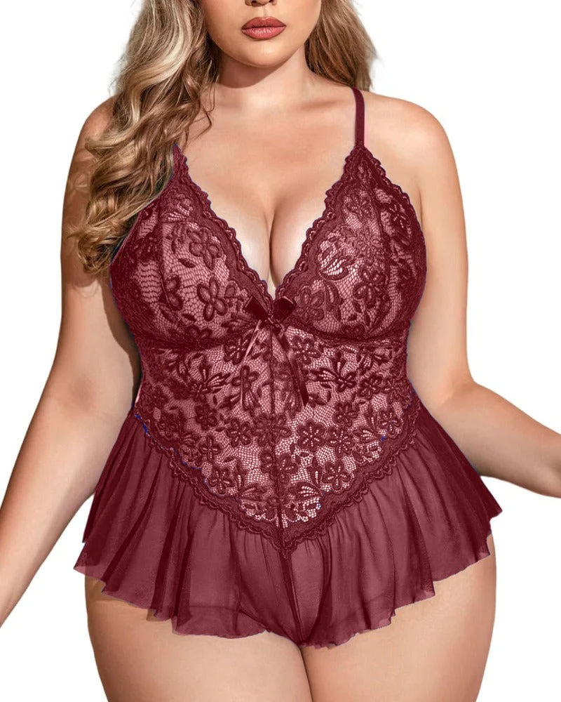Plus Size V Neck Lace Bodysuit – One-Piece Teddy Babydoll Mesh Nighty - Image 15