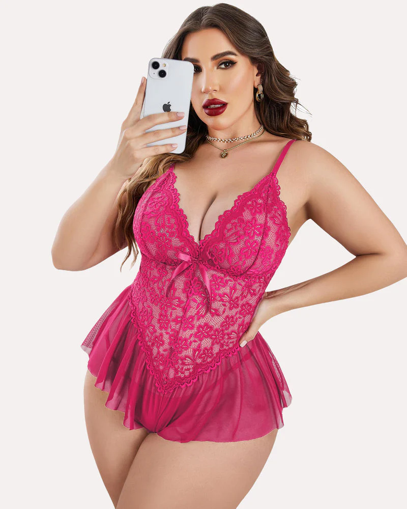Plus Size V Neck Lace Bodysuit – One-Piece Teddy Babydoll Mesh Nighty - Image 16