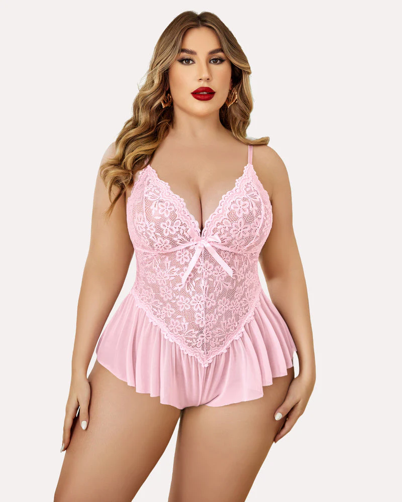 Plus Size V Neck Lace Bodysuit – One-Piece Teddy Babydoll Mesh Nighty - Image 18