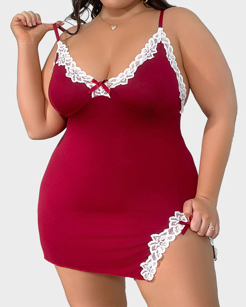 Plus Size V-Neck Side Slits Lace Trim Nightgown - Image 8