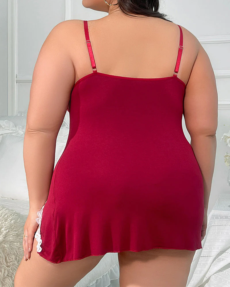 Plus Size V-Neck Side Slits Lace Trim Nightgown - Image 9