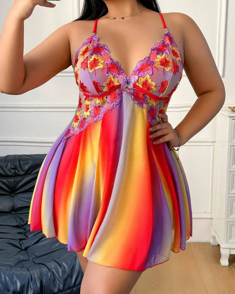 Plus Size Rainbow Ombre Sheer Babydoll Nightgown - Image 16