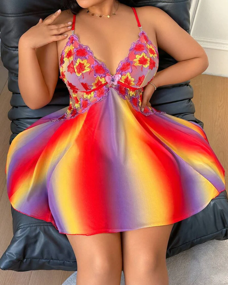 Plus Size Rainbow Ombre Sheer Babydoll Nightgown - Image 19