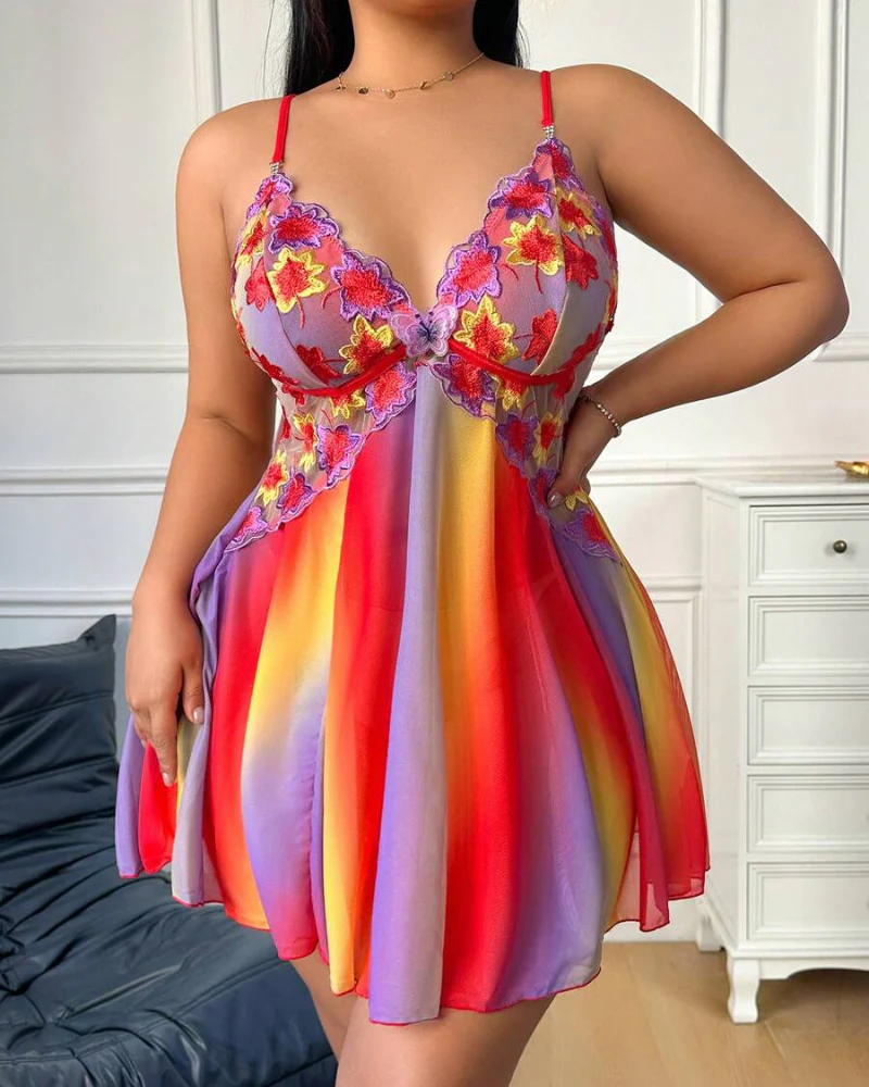Plus Size Rainbow Ombre Sheer Babydoll Nightgown - Image 20