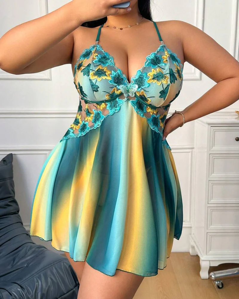 Plus Size Rainbow Ombre Sheer Babydoll Nightgown - Image 21