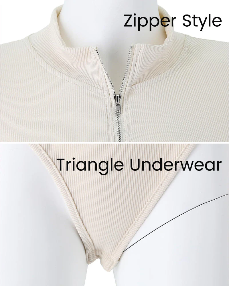 Ribbed Long Sleeve Half-Zip Shaping Bodysuit - Image 10