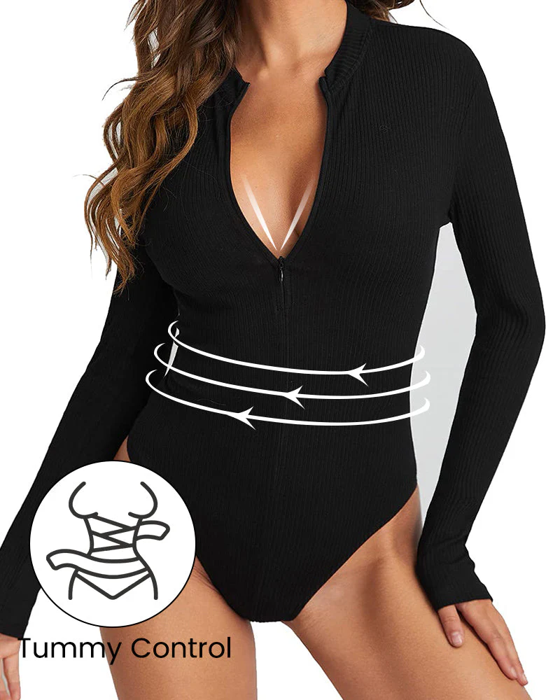 Ribbed Long Sleeve Half-Zip Shaping Bodysuit - Image 14