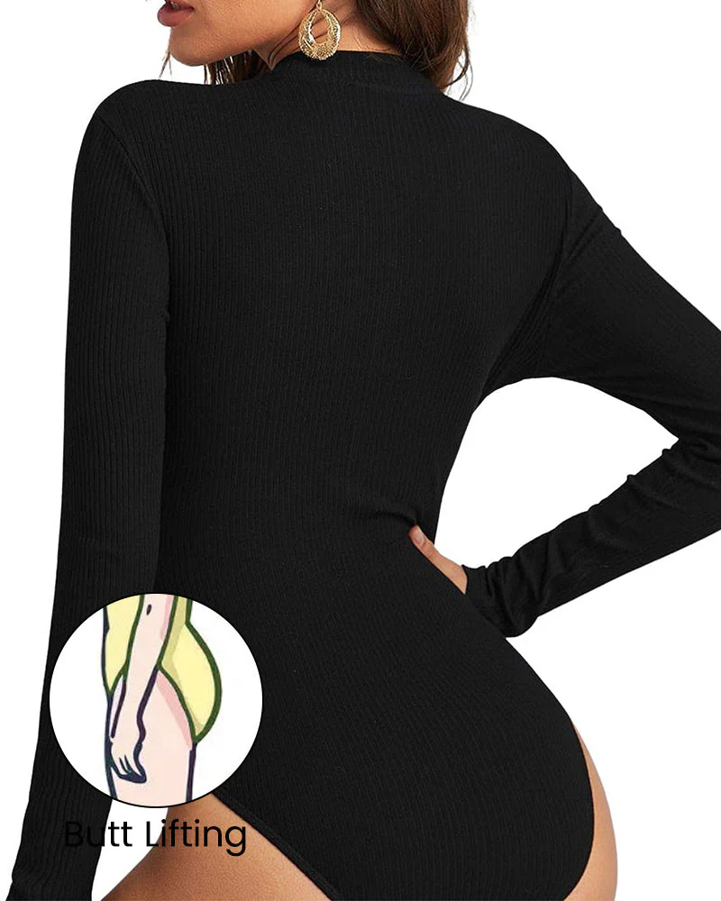Ribbed Long Sleeve Half-Zip Shaping Bodysuit - Image 15