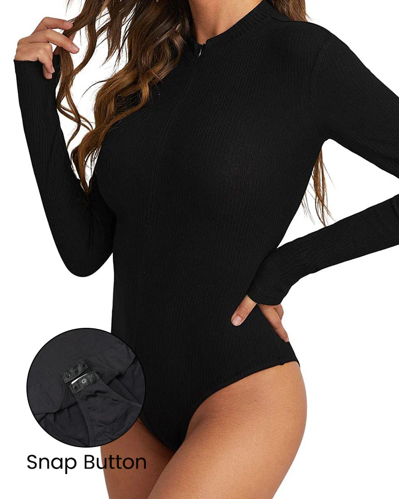 Ribbed Long Sleeve Half-Zip Shaping Bodysuit - Image 16